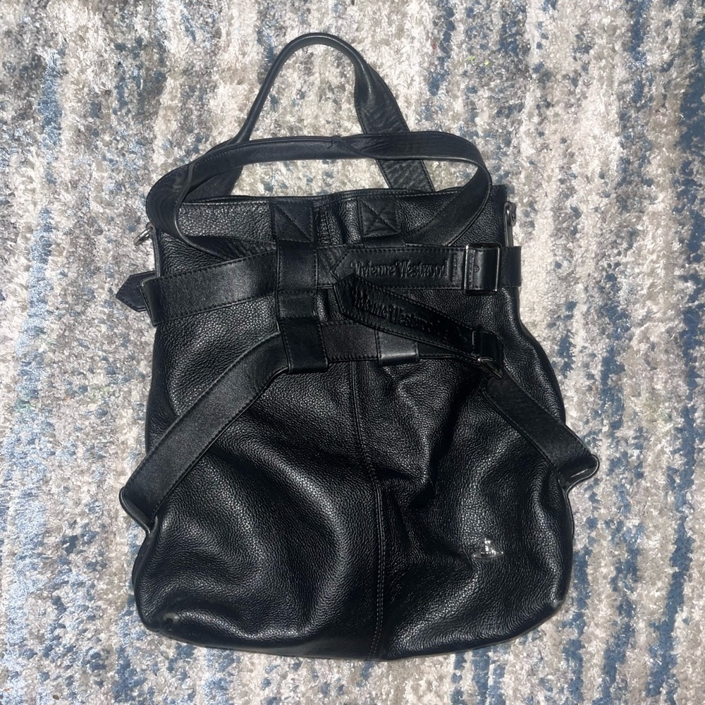 Vivienne Westwood Black Leather Tote Bag with Bondage Straps